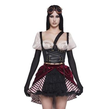 Imagem de Dolls Kill Fantasia Steam Punk Girl da Trickz N' Treatz – Vestido espartilho feminino com saia Hi-Lo, luvas e óculos – Médio