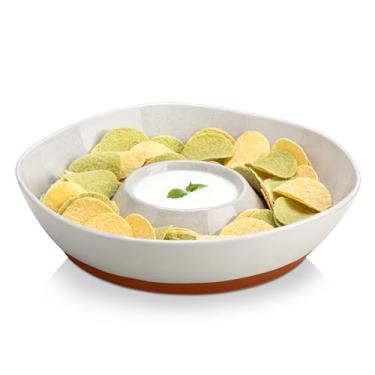 Imagem de MALACASA Bandeja de servir chips e molho de cerâmica, conjunto de tigelas grandes divididas de 30 cm para salsa, vegetais e molho, aperitivos, lanches, prato de servir de forma livre para festas e