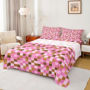 Imagem de Manfei Jogo de lençol solteiro com tema Pixel Grid com desenho animado gamepad, decoração de quarto, abstrato simples, para quarto de crianças, marrom e rosa, 3 peças (elástico + plano + 1 fronha)