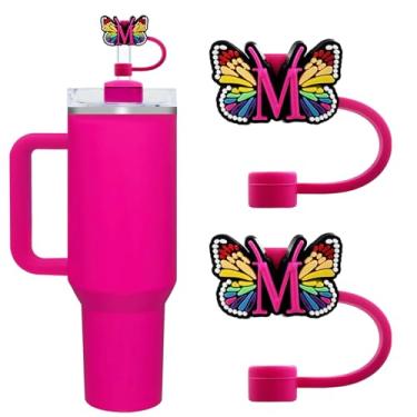 Imagem de Lindas capas de canudo com letra inicial para copos Stanley 20/30/1,134.0 g - tampas à prova de poeira de 10 mm/0,4 pol. - Protetor reutilizável para canudos de 9 a 10 mm, 2 peças