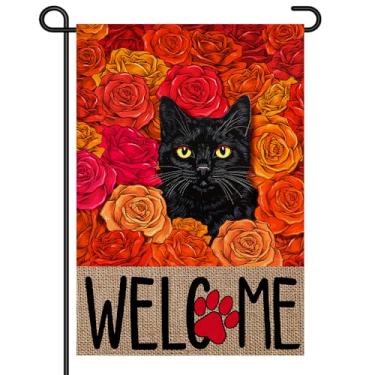 Imagem de Bandeiras de jardim de boas-vindas para o dia dos namorados para fora 30 x 45 cm bandeira pequena dupla face, placa fofa para amantes de gatos pretos com rosas e estampa de pata para varanda, gramado