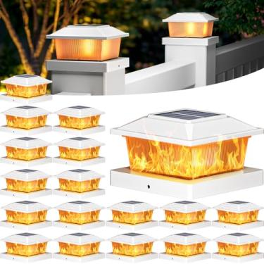 Imagem de btfarm Luzes de poste de chama solar 4 x 4 ao ar livre, pacote com 18 luzes de poste de cerca de chamas cintilantes, iluminação à prova d'água alimentada por energia solar, ajuste externo de 10 x 10