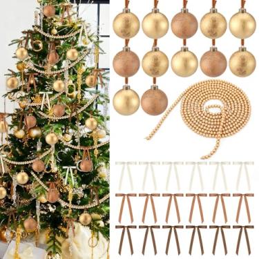 Imagem de Leitee Kit de enfeites de árvore de Natal neutro, 43 peças, 18 bolas de Natal texturizadas neutras, bolas de bronze, guirlanda de contas douradas, 24 laços de Natal, decoração rústica envelhecida para