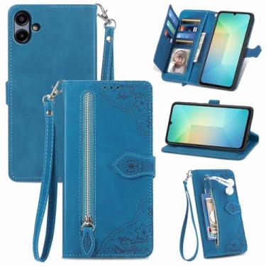 Imagem de Furiet Capa carteira para Samsung Galaxy A06 5G com cordão de pulso, estampa de flor, bolso de couro, suporte para cartão, acessórios para celular, capa para celular Ao6 A 06 4G LTE azul