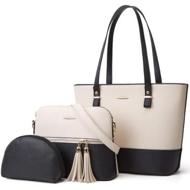 Imagem de Bolsas Femininas Conjunto de 3 Peças Bolsa Tote Grande Transversal Clutch para Senhoras com Tassel Cinto Ombro Superior Longo Removível Ajustável Bolso Frontal Zíper Fechamento Trabalho Escola Compras