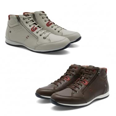 Imagem de Kit 2 Pares Sapatênis Masculino Couro Legítimo Cano Alto Venture com Zíper Lateral (Branco e Café, BR, Adulto, Numérico, 44)
