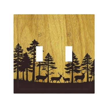 Imagem de Naiqadnehz Capas decorativas de placa de interruptor florestal veado pinheiro grão de madeira 2 gangues interruptor duplo interruptor de luz placa de tomada elétrica para quarto decoração de casa