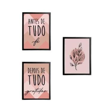 Imagem de Kit 3 Quadros Decorativos Fé E Gratidão Rosa Chevron - Quadros On-Line