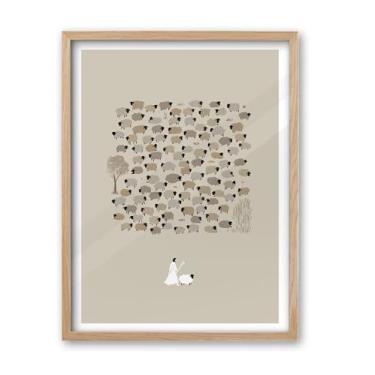 Imagem de iHery Arte de parede emoldurada de madeira de carvalho natural Jesus Deixa as 99 ovelhas, grande 40,6 x 50,8 cm, uma ovelha perdida, arte em tela, bíblia cristã, esboço, escritura, quarto, sala de