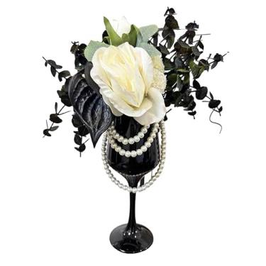 Imagem de Flores artificiais perfumadas luxuosas com vaso de vidro decorativo e detalhes de pérola – Rosas brancas falsas premium e lírios pretos de cala, decoração elegante para casa e escritório, (elegância