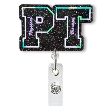 Imagem de Carretel de crachá retrátil engraçado de fisioterapia, carretel de crachá preto com glitter PT para trabalho, presente de formatura de estudante PT terapeuta, suporte de crachá de fisioterapeuta com