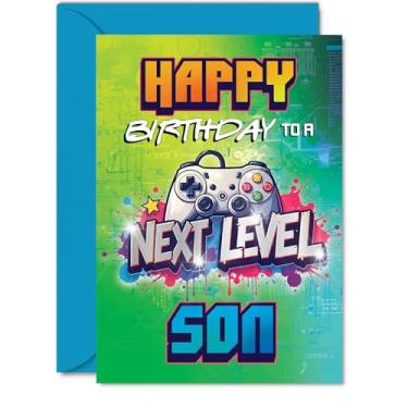 Imagem de Giftzie Cartão de aniversário Son - Next Level - Cartão de feliz aniversário para filho da mamãe papai, cartões comemorativos Gamer Bday 5x7 polegadas