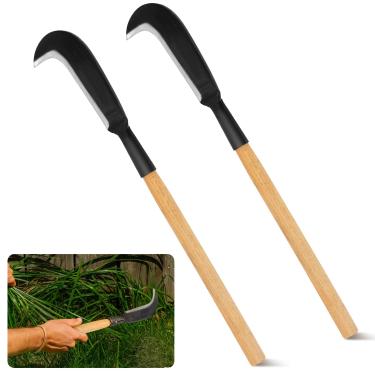 Imagem de Lasnten 2 peças de foices para remoção de ervas daninhas, foices de grama de aço de 78,7 cm, lâmina de aço curvada, cabo longo de madeira, ferramenta de limpeza manual, ferramenta de remoção de ervas