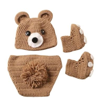 Imagem de Lgvhydh Acessórios para fotografia de recém-nascidos, macacão fofo de tricô com chapéu de urso, fantasia de fotografia de bebê para meninas e meninos, adereços de sessão de fotos (Camel)