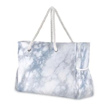 Imagem de Wassud Bolsa de praia branca com fundo de mármore grande, bolsa de praia para mulheres, impermeável, à prova de areia, bolsa de viagem com zíper e bolso para piscina, academia, acampamento