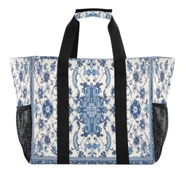 Imagem de Wassud Sacolas de compras reutilizáveis com padrão azul e branco grande bolsa organizadora de lona impermeável para praia, piquenique, lavanderia, viagem
