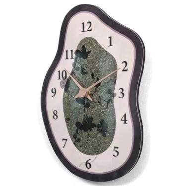 Imagem de SCOAGE Relógio de parede de meados do século retro irregular sem tique-taque moderno operado por bateria relógio de parede analógico neutro grande mostrador marrom verde relógios silenciosos para