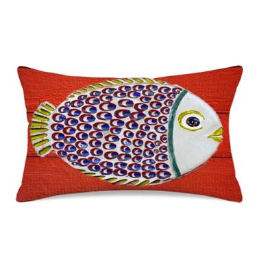 Imagem de HYJ Capa de almofada decorativa de peixe colorido 30,5 x 50,8 cm, estampa frente e verso, capa de almofada náutica costeira com fundo vermelho brilhante de linho branco para decoração de sofá e pátio