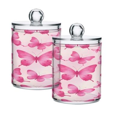 Imagem de Qilmy Pacote com 2 suportes Butterflies Pink Qtip, frascos de boticário de 400 ml, vasilha organizadora de banheiro para cotonetes, bolas de algodão, almofadas de maquiagem, fio dental, sais de banho