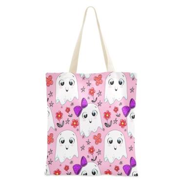 Imagem de JUZIHAI Sacola de lona de Halloween, linda bolsa temática reutilizável de Halloween Boo com bolso interno, bolsa de viagem para festa de compras de grande capacidade