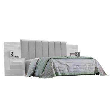 Imagem de Cabeceira Casal íris Estofada Com 2 Mesas De Cabeceira D'doro Branco Ripado 1,40m