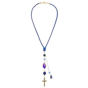 Imagem de DELORIGIN Ornamento para pendurar em cruz de iolite natural, acessórios de espelho retrovisor, pingentes, contas de vidro lazúli, apanhador de sol, para carro, retrovisor, janela, varanda, chaveiro