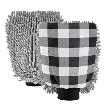 Imagem de ODAWA Luva de limpeza de carro chenille, preto branco buffalo, xadrez, grande luva de lavagem de carro para limpeza de interiores e para-brisas, pacote com 2, 18 x 26 cm