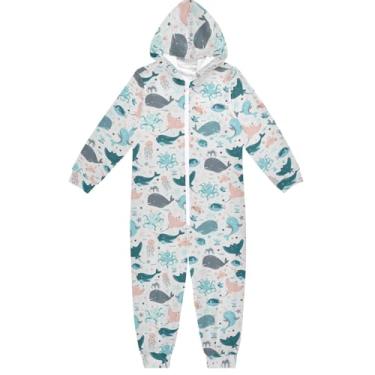 Imagem de Macacão infantil unissex futebol verde cinza macacão com capuz peça única cosplay fantasia de Halloween para meninos e meninas, 5-14 anos, Cute Marine Life Branco-3, 9-11 Years