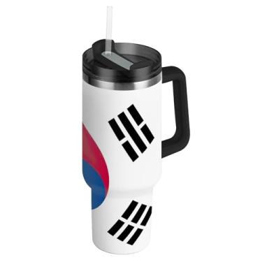 Imagem de Joisal Copos com bandeira da Coreia do Sul com tampas e canudo garrafas de água de aço inoxidável copo isolado com alça copo rosa de 850 g para quente e frio