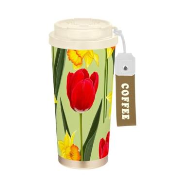 Imagem de TSENQUE Caneca de café de viagem de 473 ml, copo de caneca de café com revestimento cerâmico com tampa e canudo, copo isolado a vácuo de aço inoxidável, tulipas vermelhas, narcisos amarelos