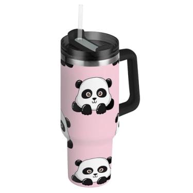 Imagem de Copos com tampas e canudo fofo desenho animado Pandas Rosa 850 g copo com alça à prova de vazamento garrafa de água isolada aço inoxidável caneca de café quente para carro