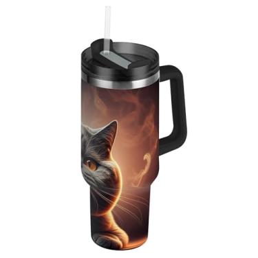 Imagem de Joisal Copos de gato cinza com tampas e canudos Angry Cute Copo grande de 1,134 g com alça garrafas de água isoladas carros de aço inoxidável xícara de café bebida quente