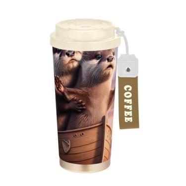 Imagem de TSENQUE Copo de café de viagem de 473 ml com canudo e tampa de filme, copo de café de viagem de aço inoxidável à prova de vazamento para escritório, escola, festa, acampamento, lontras fofas, animais