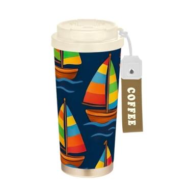 Imagem de TSENQUE Copo de café de viagem de 473 ml com tampa de canudo e filp, canecas de café de parede dupla isoladas a vácuo com revestimento cerâmico, lindos veleiros azul escuro