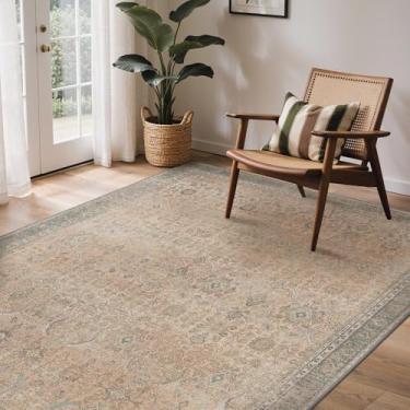 Imagem de GENIMO Tapetes de área de 20 x 25 cm para sala de estar, laváveis na máquina, tapetes vintage antiderrapantes, tapete leve com estampa de chenille para quarto, sala de jantar, escritório em casa, bege