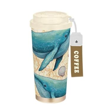 Imagem de TSENQUE Caneca de café de viagem de 473 ml, copo de café de viagem com revestimento cerâmico com canudo e tampa de filme, copo isolado a vácuo de aço inoxidável, baleias azuis, animal estrela do mar