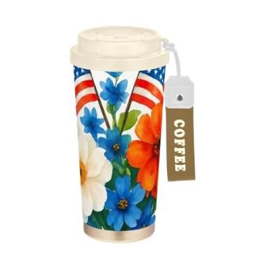 Imagem de TSENQUE Buquê de aquarela bandeira americana, caneca de café de viagem 41 onças com canudo e tampa, canecas de café de parede dupla isoladas a vácuo com revestimento cerâmico para escritório, escola