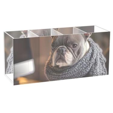Imagem de TSENQUE Suporte de caneta fofo para trabalho de buldogue francês para mesa, decoração de casa, artesanato, acrílico, pincel de maquiagem, porta-copos