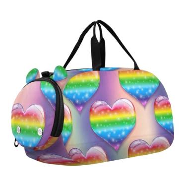 Imagem de Bolsa esportiva de lagosta vermelha com estrela do mar azul para viagem de fim de semana bolsa esportiva para meninos e crianças, Corações coloridos arco-íris cintilantes, Clássico