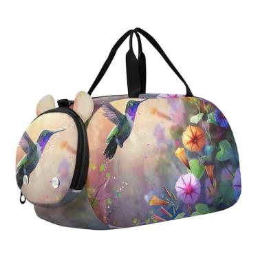 Imagem de Bolsa de viagem azul para meninas com bola de tênis, bolsa de viagem para o fim de semana, academia, bolsa de mão para meninos, Flores voadoras coloridas, Clássico