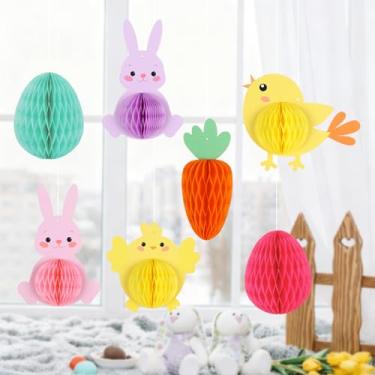Imagem de JarThenaAMCS 7 peças de decoração para pendurar em favo de mel de Páscoa, coelho, coelho, ovo, cenoura, galinha, enfeite de teto para pendurar em sala de aula, suprimentos de festa de primavera