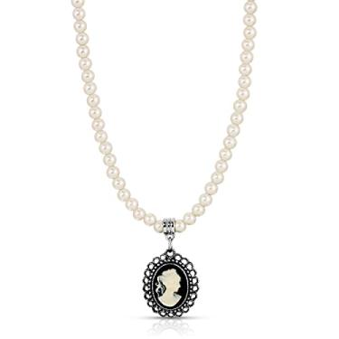 Imagem de 1928 Jewelry Colar feminino com pingente de camafeu preto e branco com fio de pérola sintética de 4 mm, extensão de 38 cm + 7 cm, estilo barroco antigo de inspiração vintage, acessório, presente