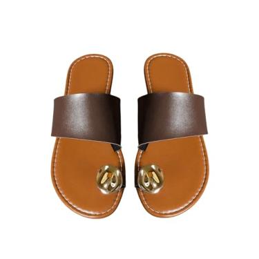 Imagem de GORGLITTER Sandália feminina rasteira de couro elegante com strass para férias de verão e praia, Marrom, 41