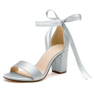 Imagem de HKMFLYY Sapatos femininos de casamento com bico aberto e pérola para noiva, sandálias de salto alto de cetim, salto grosso, tira no tornozelo, formatura, festa noturna, Prata, 35