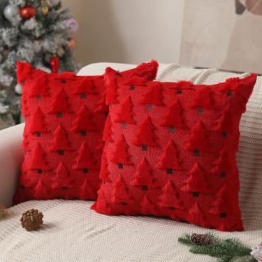 Imagem de Allorry Capas de almofada de Natal 50,8 x 50,8 cm, conjunto de 2 fronhas de árvore de Natal vermelhas, decorações de pelúcia macia, lã sintética, decoração de férias de inverno para sofá sala de estar