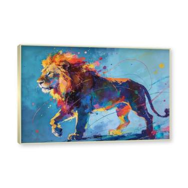 Imagem de NHLDZYH Moldura dourada. Arte abstrata de respingos de leão, pintura colorida de animais em tela, decoração de parede expressiva moderna para sala de estar ou escritório. A74. 80 x 120 cm - 31,5 x