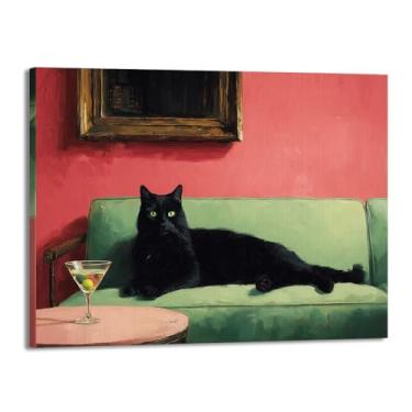 Imagem de Gato preto com Martini impressão artística bonito gato peculiar coquetel bar decoração moderna casa cozinha arte de parede pintura em tela pôster estética (SKU1,27.9x35.6 cm = (28x35 cm), emoldurado