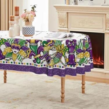 Imagem de Horaldaily Toalha de mesa Mardigras 152 × 213 cm oval, máscara roxa festa de máscaras New Orleans Brazi Carnaval lavável capa de mesa sazonal para decoração de festa piquenique e jantar