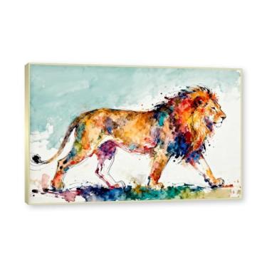 Imagem de NHLDZYH Moldura dourada. Arte abstrata de respingos de leão, pintura colorida de animais em tela, decoração de parede expressiva moderna para sala de estar ou escritório. A36. 60 x 90 cm - 23,7 x 35,5