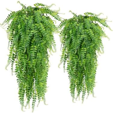 Imagem de Samambaias Artificiais Conjunto de 2 - Plantas Pendentes Falsas para Parede Interna Cestos com Caule Arame Ferro Plástico Decorativo Realista e Folhas